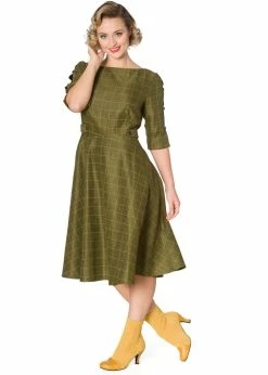 Banned Cheeky Check 40's Swing Dress Khaki Green -Smashed Lemons shop banned DR16220 cheeky check dress kaki 1 1024x1024