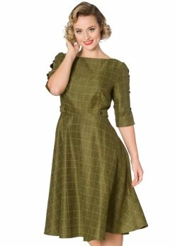 Banned Cheeky Check 40's Swing Dress Khaki Green