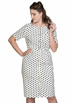 Banned Polkadot Button Up 50's Pencil Dress White