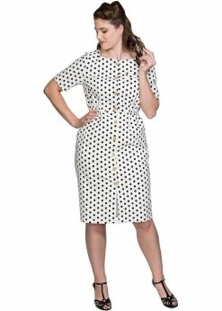 Banned Polkadot Button Up 50's Pencil Dress White -Smashed Lemons shop banned DR16290 polkadot button dress wt 3 1024x1024