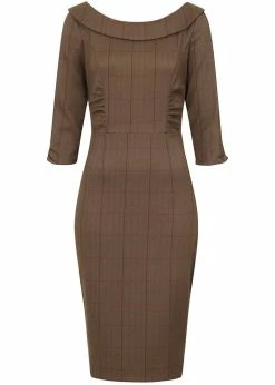 Collectif Cheyenne Herringbone 40's Pencil Dress Brown