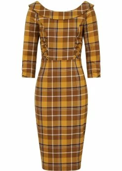 Collectif Cheyenne Moonhill Check 50's Pencil Dress Mustard