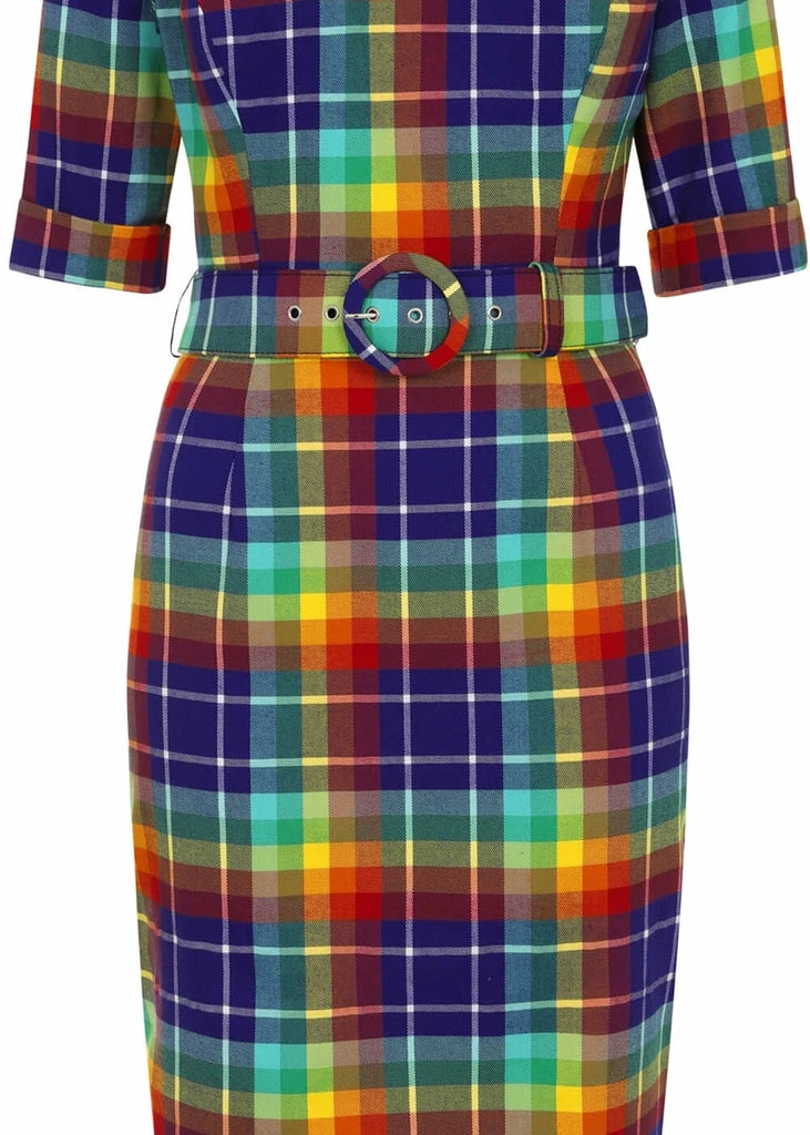 Collectif June Rainbow Check 50's Pencil Dress Multi 4 Collectif June Rainbow Check 50's Pencil Dress Multi - Image 2