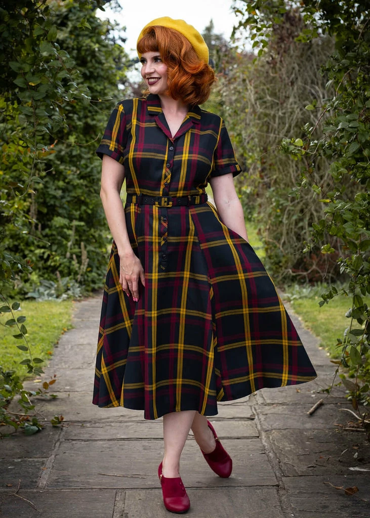 Collectif Caterina Giles Check 50's Swing Dress Wine 7 Collectif Caterina Giles Check 50's Swing Dress Wine - Image 5