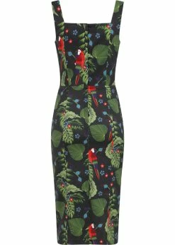 Collectif Anita Parrot Paradise 50's Pencil Dress Black -Smashed Lemons shop collectif DP SS220702A anita parrot paradise pencil dress blk 1 1024x1024