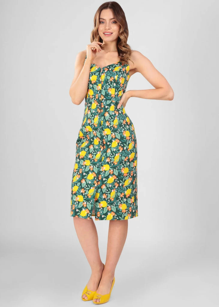 Collectif Jenifer Lemon Bloom 50's Pencil Dress Teal 4 Collectif Jenifer Lemon Bloom 50's Pencil Dress Teal - Image 2