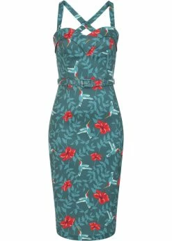 Collectif Kiana Hummingbird Eden 50's Pencil Dress Teal -Smashed Lemons shop collectif DP SS220707A kiana hummingbird eden pencil dress teal 0 1024x1024
