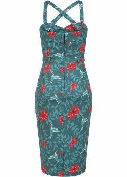 Collectif Kiana Hummingbird Eden 50's Pencil Dress Teal -Smashed Lemons shop collectif DP SS220707A kiana hummingbird eden pencil dress teal 1 1024x1024
