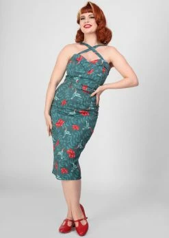 Collectif Kiana Hummingbird Eden 50's Pencil Dress Teal