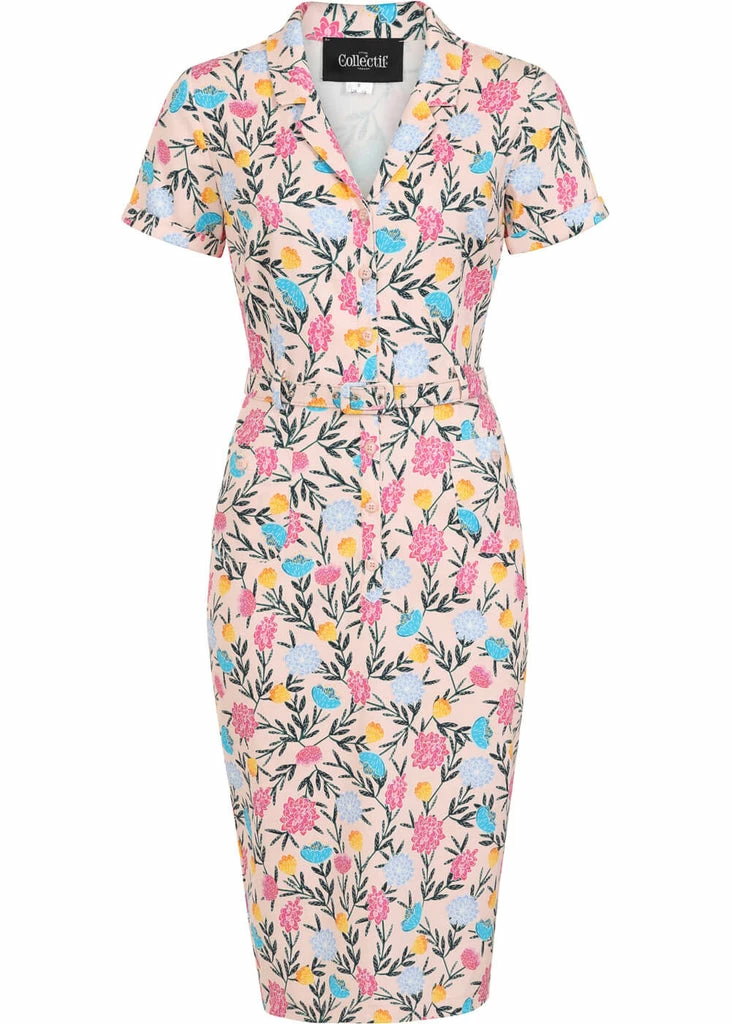 Collectif Caterina Floral Whimsy 50's Pencil Dress Pink 3 Collectif Caterina Floral Whimsy 50's Pencil Dress Pink