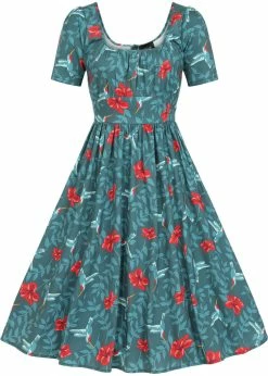 Collectif Giada Hummingbird Eden 50's Swing Dress Teal