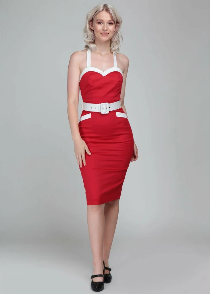 Collectif Georgie Nautical 50's Pencil Dress Red 7 Collectif Georgie Nautical 50's Pencil Dress Red - Image 5