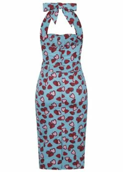 Collectif Wanda Strawberry 50's Pencil Dress Blue -Smashed Lemons shop collectif SS200712A wanda strawb dress blue 2 1024x1024