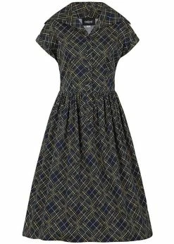 Collectif Judy Hatch Check 60's Swing Dress Navy