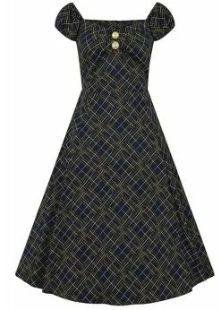 Collectif Dolores Hatch Check 50's Swing Dress Navy