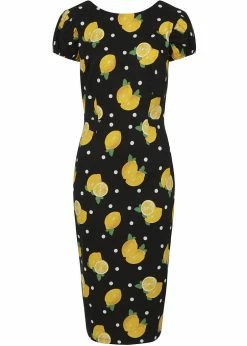 Collectif Demira Polka Lemon 50's Pencil Dress Black