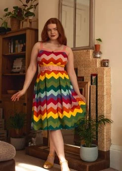 Collectif Dorothy Rainbow Chevron 50's Swing Dress Multi -Smashed Lemons shop collectif SS210809A dorothy rainbow chevron dress mul 4 1024x1024