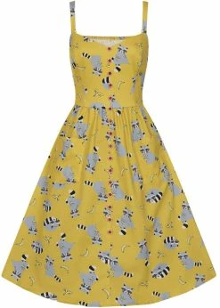 Collectif Kimberly Ravenous Raccoons 60's Swing Dress Yellow
