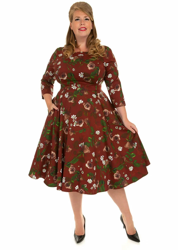 Hearts & Roses Francis Floral 50's Swing Dress Burgundy 4 Hearts & Roses Francis Floral 50's Swing Dress Burgundy - Image 2