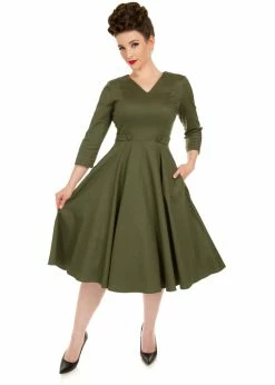 Hearts & Roses Angelina 50's Swing Dress Khaki Green