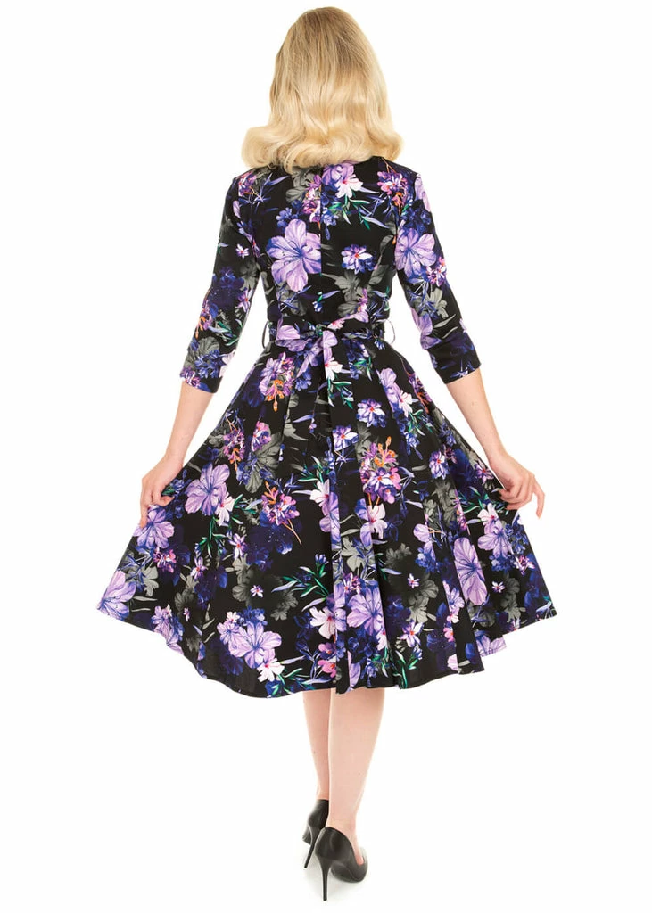 Hearts & Roses Faye Floral 50's Swing Dress Black Purple 6 Hearts & Roses Faye Floral 50's Swing Dress Black Purple - Image 4