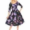 Hearts & Roses Faye Floral 50's Swing Dress Black Purple