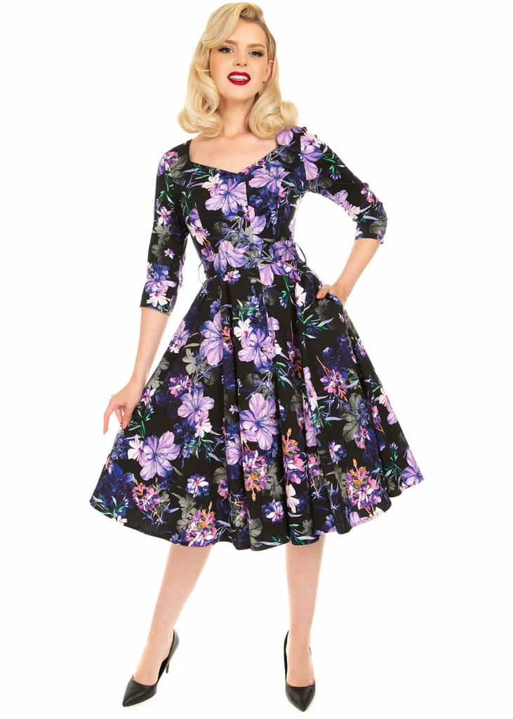 Hearts & Roses Faye Floral 50's Swing Dress Black Purple 3 Hearts & Roses Faye Floral 50's Swing Dress Black Purple