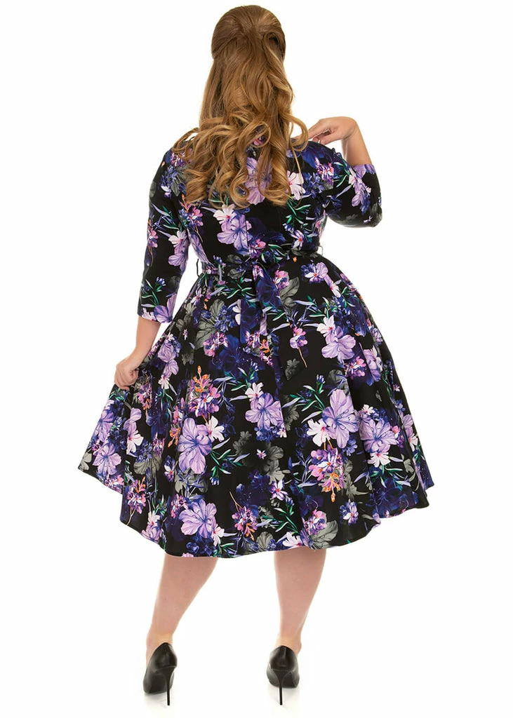 Hearts & Roses Faye Floral 50's Swing Dress Black Purple 5 Hearts & Roses Faye Floral 50's Swing Dress Black Purple - Image 3