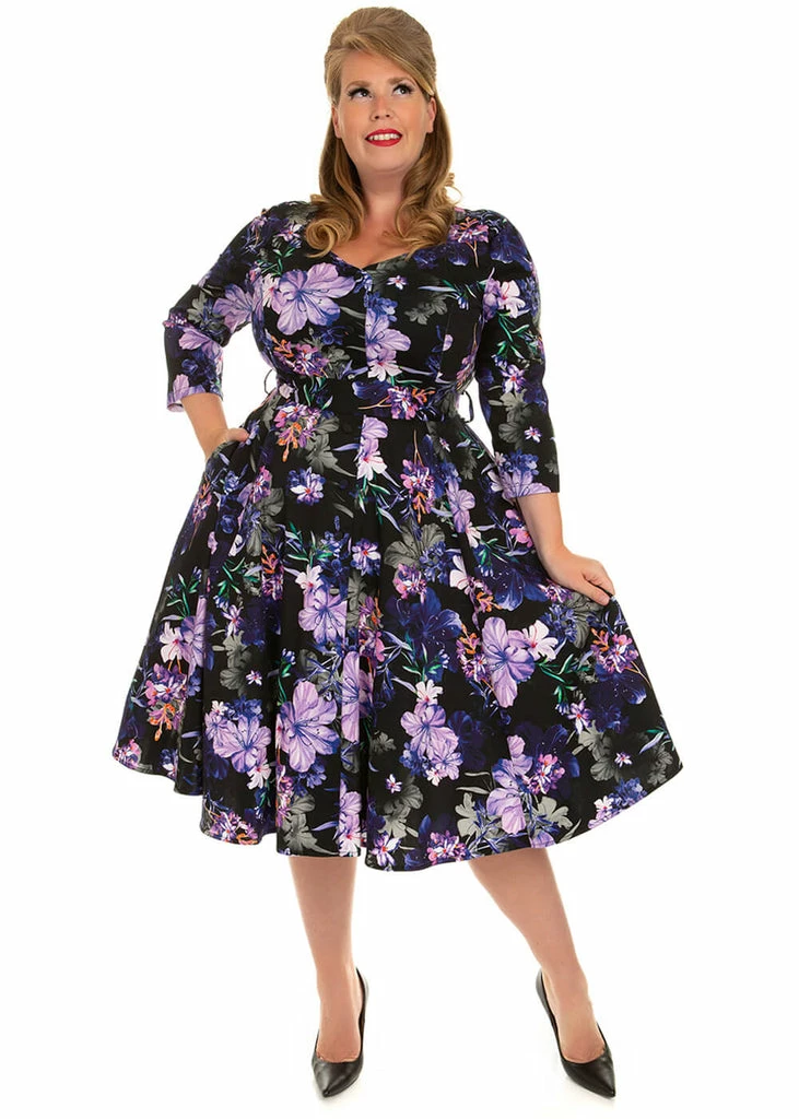 Hearts & Roses Faye Floral 50's Swing Dress Black Purple 4 Hearts & Roses Faye Floral 50's Swing Dress Black Purple - Image 2