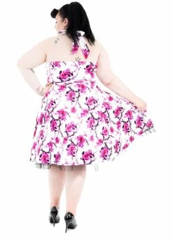 Hearts & Roses Pink Cherry Blossom 50's Swing Dress White -Smashed Lemons shop hearts roses 6581 pink cherry blossom dress white 2 1024x1024
