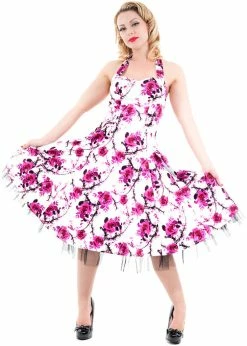 Hearts & Roses Pink Cherry Blossom 50's Swing Dress White -Smashed Lemons shop hearts roses 6581 pink cherry blossom dress white 3 1024x1024