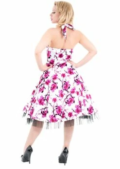 Hearts & Roses Pink Cherry Blossom 50's Swing Dress White -Smashed Lemons shop hearts roses 6581 pink cherry blossom dress white 4 1024x1024
