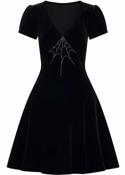 Hell Bunny Morticia Spiderweb Velvet 40's Dress Black