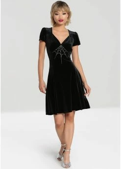 Hell Bunny Morticia Spiderweb Velvet 40's Dress Black -Smashed Lemons shop hell bunny HLB40276 morticia dress blk 5 1024x1024