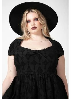 Killstar Crossed Chloe Flocked Skater Dress Black -Smashed Lemons shop killstar KSRA005110 crossed chloe skater dress blk 1 1024x1024