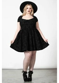Killstar Crossed Chloe Flocked Skater Dress Black -Smashed Lemons shop killstar KSRA005110 crossed chloe skater dress blk 2 1024x1024