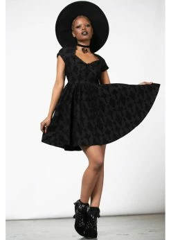 Killstar Crossed Chloe Flocked Skater Dress Black -Smashed Lemons shop killstar KSRA005110 crossed chloe skater dress blk 4 1024x1024