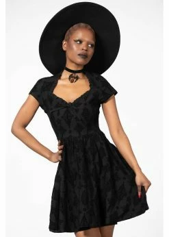 Killstar Crossed Chloe Flocked Skater Dress Black -Smashed Lemons shop killstar KSRA005110 crossed chloe skater dress blk 6 1024x1024