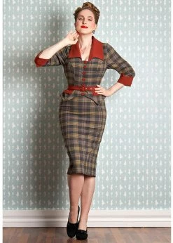 Miss Candyfloss Isadora Amber Tartan 40's Pencil Dress Rust
