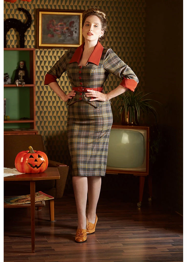 Miss Candyfloss Isadora Amber Tartan 40's Pencil Dress Rust 4 Miss Candyfloss Isadora Amber Tartan 40's Pencil Dress Rust - Image 2