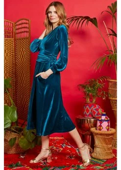 Onjenu Sharon Velvet 70's Midi Dress Teal -Smashed Lemons shop onjenu SHARON velvet midi dress teal 2 1024x1024