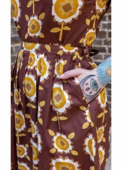 Run & Fly Retro Floral 70's A-Line Dress Brown -Smashed Lemons shop run and fly JM2094 retro floral dress brown 2 1024x1024