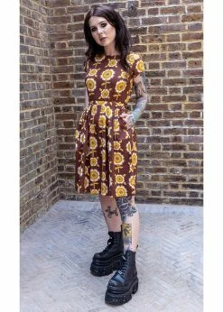 Run & Fly Retro Floral 70's A-Line Dress Brown -Smashed Lemons shop run and fly JM2094 retro floral dress brown 3 1024x1024