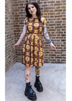 Run & Fly Retro Floral 70's A-Line Dress Brown -Smashed Lemons shop run and fly JM2094 retro floral dress brown 4 1024x1024