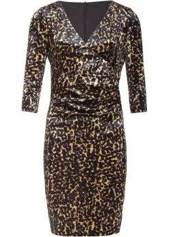 Smashed Lemon Soft Leopard Velvet 60's Pencil Dress Gold Black