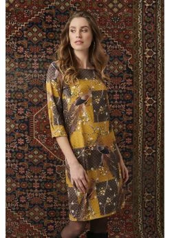 Smashed Lemon Chinoiserie Peacock 60's Pencil Dress Mustard