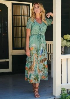 Smashed Lemon Giraffe Safari 70's Maxi Dress Green