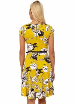 Succubus Serena Floral 50's Swing Dress Mustard -Smashed Lemons shop succubus MDWF2519 serena dress mustard 1 1024x1024