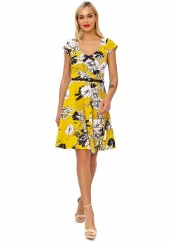 Succubus Serena Floral 50's Swing Dress Mustard -Smashed Lemons shop succubus MDWF2519 serena dress mustard 3 1024x1024