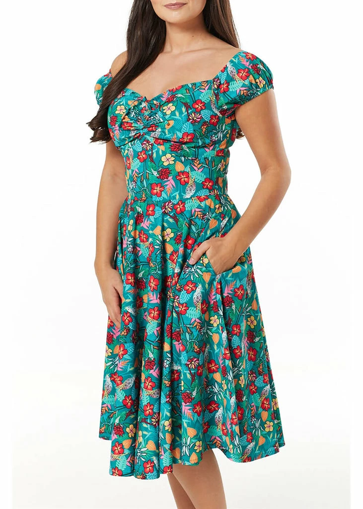 Timeless Preston Parrots 50's Swing Dress Green 4 Timeless Preston Parrots 50's Swing Dress Green - Image 2